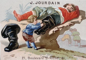 Le Petit Poucet se quita las botas de siete leguas con el ogro dormido - Etiqueta publicitaria Jourdain