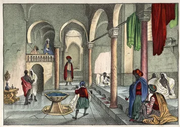 El baño moro (baño público) en Argel hacia 1830. En «La Argelia antigua y moderna» de Léon Galibert. Edición italiana de 1846, en color