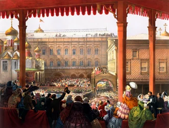 ""La coronación del emperador Alejandro II (1818-1881) el 18/02/1855"" Vista de la multitud - Litografía anónima