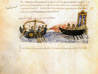 ""Le feu grégeois"" (Fuego griego) La flota bizantina utiliza fuego griego contra un ejército rebelde - Miniatura extraída de ""Synopsis historiarum""" o ""Chroniques byzantines"" (Historia de los reyes y hechos bizantinos desde 811 hasta 1057) de John (Jo