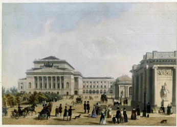 El Teatro Alexandrinski (o Alexandra) en San Petersburgo (El Teatro Alexander en San Petersburgo). Obra anónima, litografía en color, hacia 1830. Clasicismo del siglo XIX. Museo Estatal de Arte Teatral y Musical, San Petersburgo.
