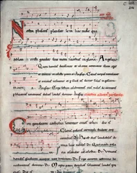 Folleto de una guía de peregrinos con letras del peregrinaje de Santiago de Compostela (Santiago de Compostela) Fol. 214 r. De un manuscrito del siglo XIII. Archivo de la Catedral de Santiago de Compostela (Santiago de Compostela), España