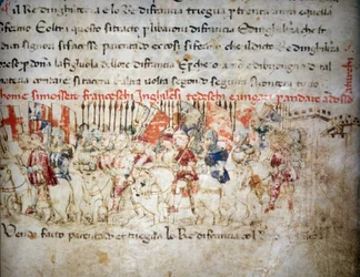 Liga de franceses, ingleses, alemanes y húngaros contra los turcos en 1391 - en las «Croniche del Sercambi», hacia 1400. Archivo Nacional, Lucca.