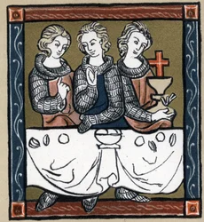 Leyenda artúrica: Galahad, Perceval y Bohort con el Santo Grial.