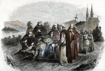Legende des enerves de Jumieges: los dos hijos del rey merovingio Clodoveo II, castigados por rebelarse contra su padre, son recogidos por los monjes de la abadía de Jumieges, cerca de Rouen, 660 aproximadamente (Los hijos del rey Clodoveo II, tras ser cas