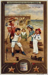 Tarjeta Leibig con niños franceses en la playa 1890