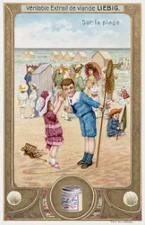 Tarjeta Leibig con niños franceses en la playa 1890