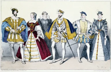 Los Valois: Francisco I (1494-1547) y Claudia de Francia (1499-1524), Catalina de Médicis (1519-1589) y Enrique II (1519-1559), Francisco II (1544-1560) y María Estuardo (1542-1587) - Placa extraída de Reyes y Reinas de Francia en estampas, París, ed. Swif