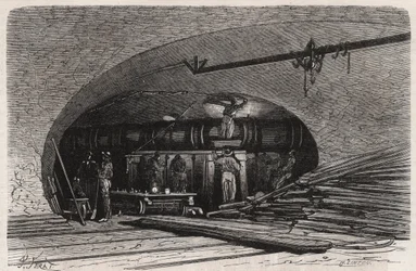 Las alcantarillas de París: curva de la tubería cerca del puente Saint Michel, plaza del Chatelet (Grabado en 