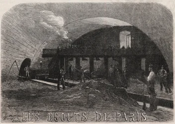 Las alcantarillas de París: la gran cámara y los talleres de forja del puente Notre Dame - Grabado en "Le Monde Illustré"