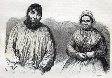 Los esposos Dumollard (Martin Dumollard (1810-1862) y su esposa cómplice Marie Anne Martinet (1814-1875) - Grabado del siglo XIX