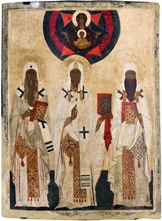 Los tres santos obispos de Rostov: Isaías (fallecido en 1090), Leoncio (fallecido en 1077), Ignacio (fallecido en 1288) - Icono ruso: Los tres santos obispos de Rostov: Isaías, Leoncio e Ignacio. Finales del siglo XV, Museo Estatal al Aire Libre del
