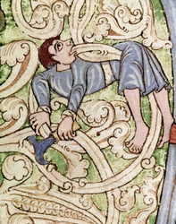 Letra C decorada con la representación de un leñador. Miniatura de una Biblia (Antiguo Testamento) (Ms 3088) siglo XII Coimbra, Biblioteca Universitaria