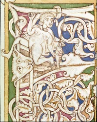 Letra P decorada con la representación de una mujer pescando un pez. Miniatura de una Biblia (Antiguo Testamento)