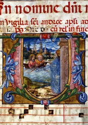Letra capitular de un libro de coro del siglo XV. Aparición de Cristo después de su resurrección ante los apóstoles incrédulos en el lago de Tiberíades. Biblioteca Nazionale Braidense, Milán.