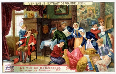 Cromolitografía de Liebig sobre la vida de Rembrandt (1606 - 1669), pintor holandés. Estos son los reveses de Rembrandt en 1656