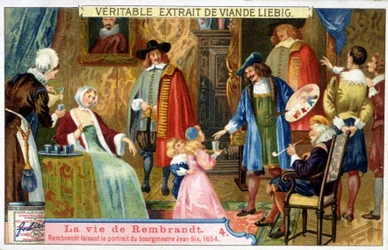 Cromolitografía Liebig sobre la vida de Rembrandt (1606 - 1669) pintor holandés, aquí retratando al alcalde Jean Six en 1654