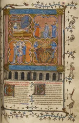 Vida de Julio César: cuatro miniaturas que muestran su nacimiento, divorcio, pontificado y lucha con Pompeyo; texto con iniciales decoradas y orla con aves y grotescos.