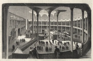 Interior del depósito de emigrantes de Castle Garden - Estado de Nueva York - Comisión de Emigración - Grabado en 
