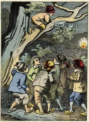 Pulgarcito sube a un árbol y busca su camino. Está recogiendo una luz en el bosque. Ilustración del cuento de Charles Perrault “Pulgarcito”.