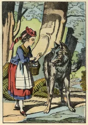 Caperucita Roja se encuentra con el lobo en el bosque. Ilustración del cuento “Caperucita Roja” de Charles Perrault
