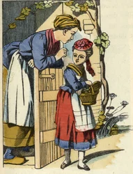 La madre de Caperucita Roja le da sus últimas recomendaciones para ir a la casa de la abuela. Ilustración del cuento "Caperucita Roja" de Charles Perrault