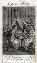 Pequeña cena. Olympe de Gouges (1748-1793), mujer de letras y revolucionaria francesa con Celine, una de sus amigas