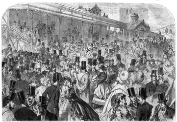 Hipódromo de Longchamp: las gradas de las carreras del Bois de Boulogne el lunes 22 de abril. Grabado en "El Universo Ilustre"