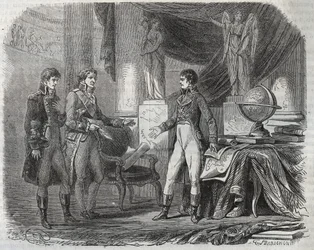 Lord Cornwallis (1738-1805) negociando el Tratado de Amiens (1802) con Napoleón Bonaparte (1769-1821) - la Paz de Amiens, Francia - Tratado firmado en marzo de 1802 que puso fin a las Guerras Revolucionarias