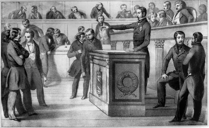 Luis Napoleón (Napoleón III) jura lealtad a la República el 20 de diciembre de 1848 - Juramento de Luis Napoleón III (Luis Napoleón), proclamado oficialmente presidente de la República, ante la Asamblea Nacional el 20 de diciembre de 1848. Jura