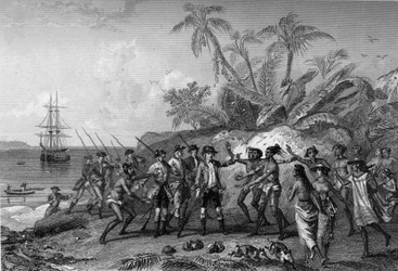 Louis Antoine Conde de Bougainville, navegante francés (1729-1811), acercándose a las islas de las Marquesas en Tahití, 6 de abril