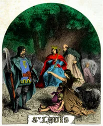 Luis IX (San Luis 1214-1270) impartiendo justicia bajo un roble, Grabado del siglo XIX