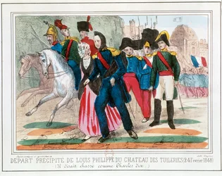Luis Felipe de Francia abandona el Palacio de las Tullerías en 1848 (grabado en color)