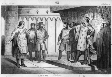 Luis VIII el León recibe un enviado de su enemigo Enrique III de Inglaterra - Luis VIII llamado “El León”, dinastía de los Capetos, responde con orgullo y firmeza a un enviado del rey de Inglaterra Enrique III - Grabado de 1