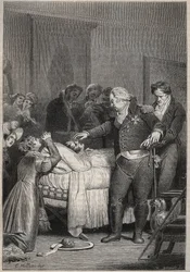 Luis XVIII en el lecho de muerte del Duque de Berry - Los últimos momentos del Duque de Berry el 13 de febrero de 1820 (1778 - 1820) en la ópera de París rodeado por Luis XVIII y la familia real - grabado en 