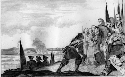 Luis XV (1710-74) en la Batalla de Fontenoy en 1745 - Guerra de Sucesión de Austria (1740-1748) - Mauricio de Sajonia, mariscal de Sajonia (1696-1750), victorioso de la Batalla de Fontenoy, se encuentra con el Rey de Francia, Luis XV (1710-1774) - Grabado 