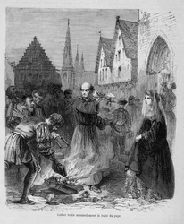 Lutero quema solemnemente la bula del papa - en “Historia de los papas” de Maurice Lachatre, sd. siglo XIX