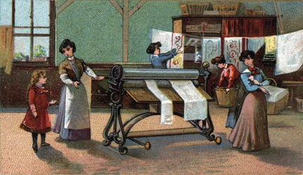 Máquina planchadora. (planchado). Cromolitografía de finales del siglo XIX.