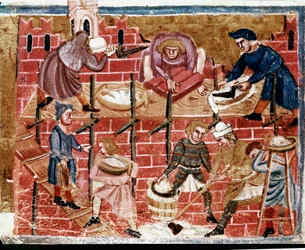 Albañiles y constructores de casas. Miniatura tomada de "Los hechos de los romanos" siglo XIII Venecia, biblioteca Marciana