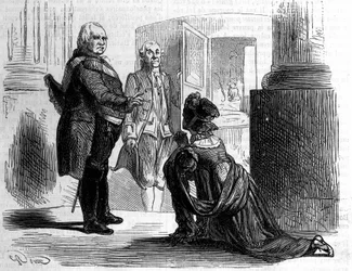 Madame la Condesa de Labedoyere de rodillas ante Luis XVIII Rey de Francia.