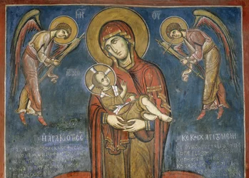 Madonna con el Niño entre Arcángeles, fresco (1192), Iglesia Panayia Tou Araka (Iglesia de Nuestra Señora de Pea) (Lista del Patrimonio Mundial de la Unesco, 2001), Lagoudhera, montañas Troodos, Chipre
