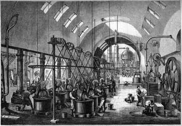 Talleres principales de la gran refinería de azúcar de Launay, propiedad del Sr. Cedard en Nantes en 1864.