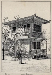 Maison Japonaise (Casa japonesa) - grabado de 1889 en “Historia de la habitación humana en la Exposición Universal de 1889, por el Sr. Charles GARNIER - Librería central de bellas artes París 1889