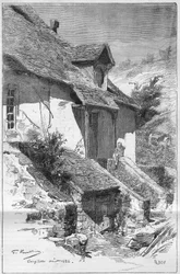 Casa de George Sand (Aurore Dupin, Baronesa Dudevant) (1804-1876), escritora francesa, en Gargilesse (Indre) a orillas del Creuse en Francia. Grabado en "Le Monde Illustré"