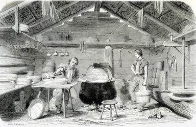 Elaboración de queso Gruyère en un chalet suizo, o quesería en los Alpes - en “Las maravillas de la industria” de Louis Figuier