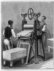 Fabricación de cartas para jugar por métodos antiguos. Cilindro de cartas de juego. Grabado de 1893
