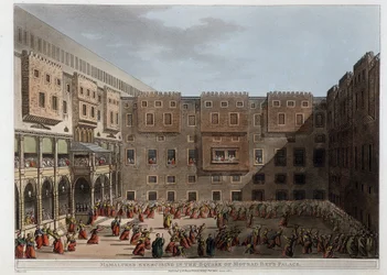 Mamelucos practicando en el patio del Palacio Mourad Bey - en "Vistas en Egipto, Palestina y otras partes del Imperio Otomano"