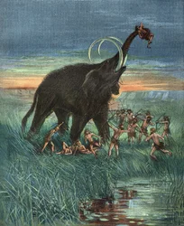 Escena de caza de mamut, Edad de Piedra.