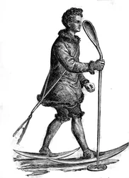 Hombre con traje tradicional khanty (khante u ostiak) cazando armiños. Los khanty son un pueblo fino-ugrio que vive en Siberia occidental
