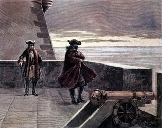 Hombre con máscara de hierro en su torre. Grabado del siglo XIX.